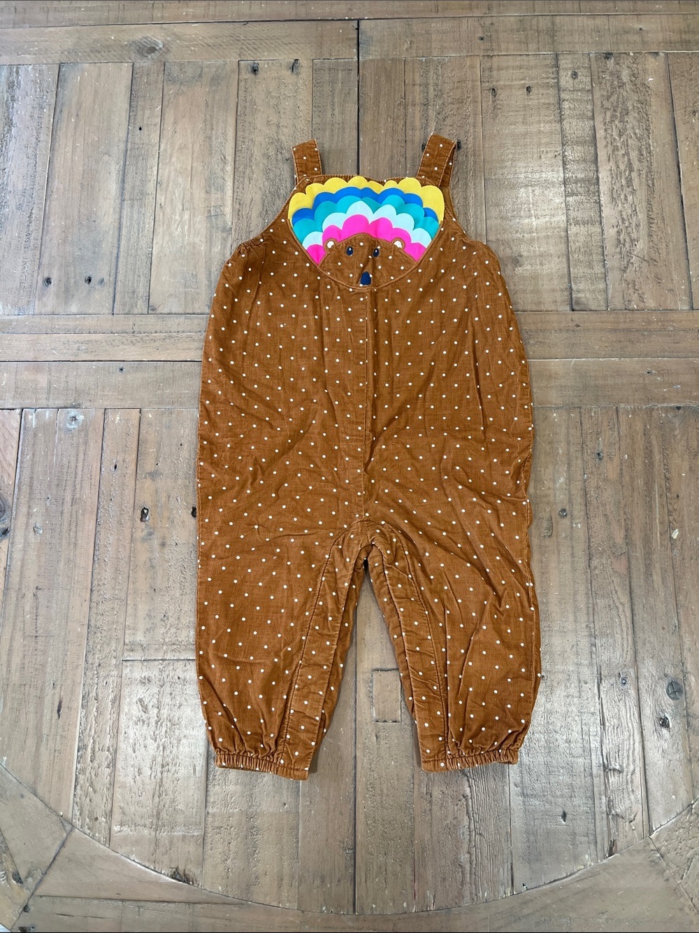 Mini Boden rainbow Hedgehog polka dot corduroy overalls 12-18 months
